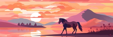The clipart shows a horse in a delicate and romantic atmosphere. The horse is standing in a picturesque landscape illuminated by a warm, golden evening sun. The background is designed with soft hues like pastel pink, lavender or a soft sunset gradient. The horse itself has an elegant and graceful posture. It has its head slightly lowered as it gazes into the distance, as if filled with dreams and romance. The horse's eyes have a gentle and dreamy expression. The mane and tail are long and flowin