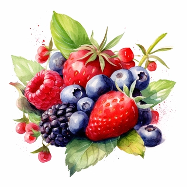 watercolor colorful clipart of a fresh bunch of summer berries, hd, on white background