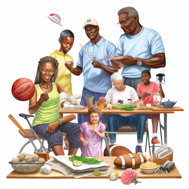 clipart showing diverse generations within minority communities, portraying grandparents, parents, and children engaging in various activities together, like playing sports, cooking, gardening, or reading ultrarealistic hyper detailed