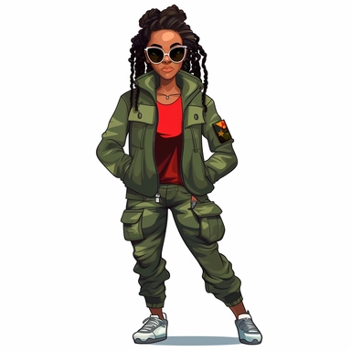 cartoon illustration of a cute black woman, with attitude, leaning with crossed arms, wearing camouflage pants and a greenjacket with red sunglasses, dreadlocs, clipart, white background