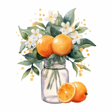 Create a watercolor oranges clipart with glass nd bouquets