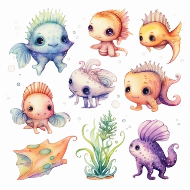 cutest little nursery sea creatures with big eyes, full body, pen and ink with watercolor, pearlescent horn, sparkles, glittery, clipart sheet, nurseycore
