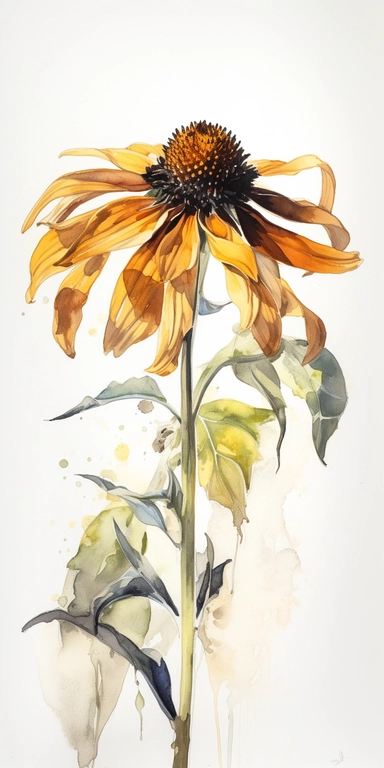 Watercolor Painting of SINGLE STEAM Black-Eyed Susan FLOWER on white background beautiful multi - headed pale, Flora Design Patterns, Flemish Baroque by Rachel Ruysch, Behance, Rococo, Intricate Detailed, Soft Light Effect, Oil Paint Strokes, Light Academia Aesthetic Flowers, Lighting cinematic, all shown shimmering stamens, tyndall light, light effect, texture, colorful, 8k, fantasy, ray tracing, depth of field, vivid, spectacular lighting, octane rendering, highly detailed, ultra - realistic, 