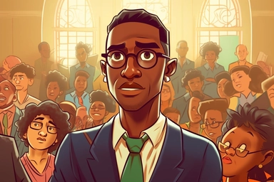 cartoon black man-court worker on the background of a clipart, in the style of the Quito school, #vfxfriday, surprisingly absurd, hd, female style, american barbizon school, strong lines
