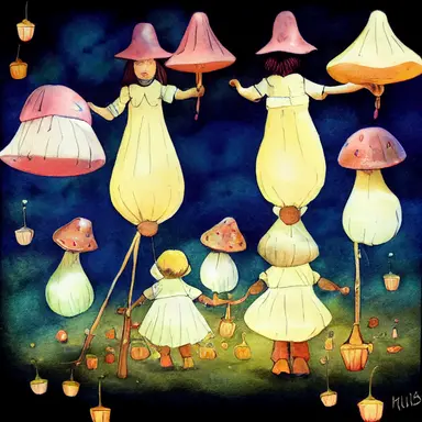 children in autumn clothes on a lantern parade, toadstools, waldorf, martinmas, chalk, watercolor, clipart, white background, cartoon