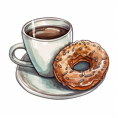 Full isolated coffee cup and donut on a plate on a white background, bolded outline clipart sticker watercolour style, bolded outline sticker, front view, isolated on a white background