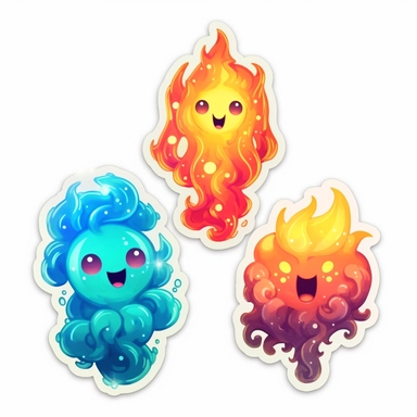 3 stickers with white background and border, emoji clipart as cute fire elementals, high res, iridescent, some bioluminescent