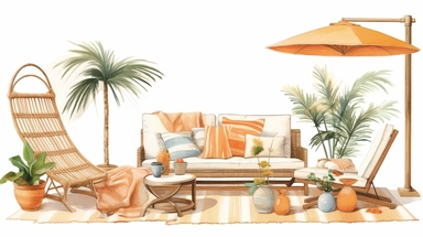 Watercolor clip art, Serena and Lily inspired, Editorial Style photo, Mid-range view, Artistic, Eclectic, Tropical plants and lounge chaise furniture, Varied and eclectic, Medium level of detail, Diverse and vibrant, Luxury bohemian resort brand, Soft and diffused, Beachfront, Afternoon, Bohemian and free-spirited, Eclectic and vibrant, on a white background, no shadow, shot on 70mm lens, Canon camera, 8k, spaced out, stylize 1000,