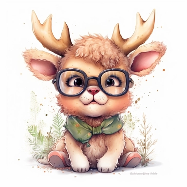 kawaii adorable fantasy baby elk wearing cute glasses, nursery art, clipart image, line art image, white background, inspired by yoshitaka amano art, very detailed, 8k