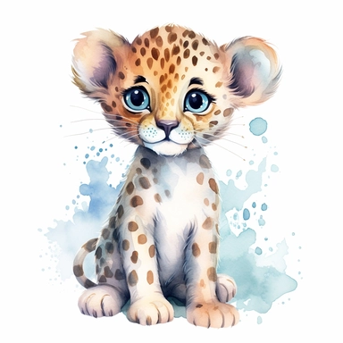 a dreamy baby leopard with kind eyes clipart with watercolor illustration,full body shot,8k,etsy style, white background