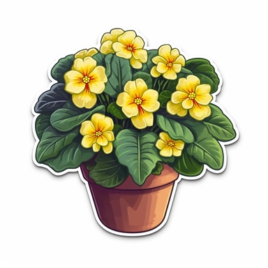Isometric Sticker Clip Art of Primroses, Primula Flower, in flower Pot, children friendly, illustrated in a realistic style, perfect for any special occasion, cut out in the shape of Primroses, with no visible background, giving it the appearance of a sticker, conveying a mystical and whimsical mood, edited with Adobe Photoshop to adjust brightness and contrast, rendered as a transparent PNG file with a high resolution to ensure a crisp and clear image with no pixelation, suitable for various ap