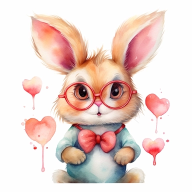 watercolor clipart, portrait of funny bunny in glasses, childlike innocence and charm, big and adorable in love eyes, cute and charming expression, funny and floppy ears, rosy cheeks, shy bunny, foreboding colors, valentines day themed cute, lovely hearts around the bunny