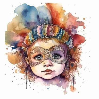 cute baby girl wearring carnival mask, mardi gras, kaluta art style pen and ink watercolor clipart,isolated on white background