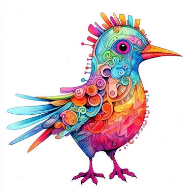 Whimsical bird with normal legs pink - orange, yellow - green, blue,red, orange ultra - detailed, cartoon style, white background, black outside lines, designs, white background, watercolor pencil drawing, small details, digital art, clipart, super acurate, –testp,