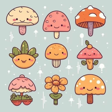 Create a Kawaii-inspired clipart set that celebrates the magic of nature. Design adorable critters like smiling mushrooms, happy clouds, and cuddly flowers. Let the elements be full of life and joy, with vibrant colors and soft, rounded shapes. Add tiny details like rosy cheeks, shiny eyes, and little bows to bring your Kawaii characters to life. Your clipart will transport viewers to a world of cuteness and wonder. Kawaii. White background, soft lighting.