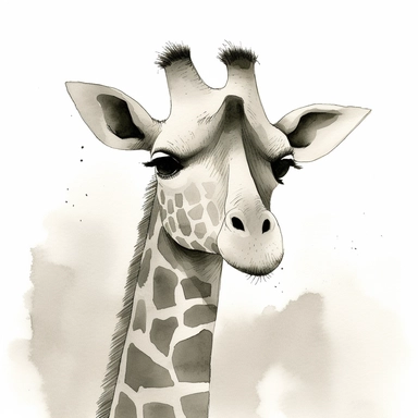 a portrait of a giraffe looking ahead,beautiful watercolor ink wash coloring, thick pencil lines, Jon klassen, Adrian tomine, popular watercolor illustrations clipart, watercolor illlustrations for kids and children, book illustrations, plain white background