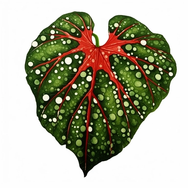 Clipart, Polka Dot Begonia's, also known as Begonia Maculata Leaf, tropical botanical plant from Brazil, with large angel wing shaped leaves, in a vibrant olive green color, deep red undersides and polka dot finishes on top. It has silver spots on its surface and a crimson reddish underside