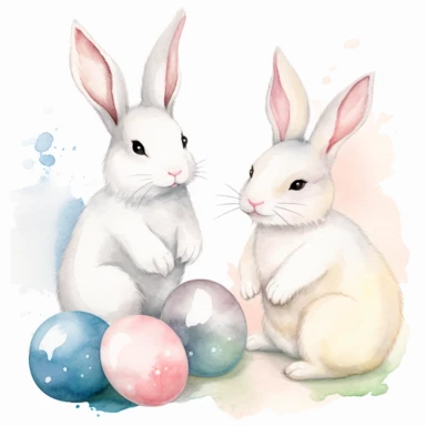 Create a watercolor clipart of two spaced-out bunnies sitting next to an Easter egg, with a fully white background that does not contain watercolors. The medium should be watercolor, giving the bunnies and Easter egg a soft and fluid look. The style should feature gentle brushstrokes and pastel colors, capturing the delicate and whimsical nature of bunnies. The lighting should be soft and diffused, conveying a sense of warmth and comfort. The color palette should be light and airy, using soft pa