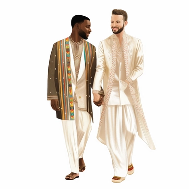 2 ethnic grooms wedding clipart, gay pride, white background