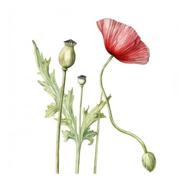 Watercolor of tall slender micro dainty poppy leaves on a single stem with closed poppy seed head. Ikebana red poppy, leaves typically have a distinctive elongated shape with a pointed tip, and are deeply lobed or dissected. The lobes are typically rounded or toothed, and may be arranged alternately or opposite each other along the stem. Floral Clipart, poppy, Minimalist Flowers Watercolor, Ikebana Clipart, Separated design
