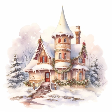 stunning gingerbread house in snow, soft faded colors, Christmas clipart by Thomas Kinkade, Marjolein bastin