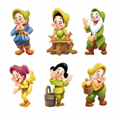 snow white and the seven dwarfs cartoon characters, in the style of highly stylized figures, pensive poses, the bechers' typologies, green and gold, uniformly staged images, energetic expressions, group f/64, disney snow white and seven dwarfs png, in the style of simplified compositions, light orange and dark green, expressive comic panels, disfigured forms, uniformly staged images, high resolution, realistic yet stylized, disney snow white characters clipart image, in the style of lively group