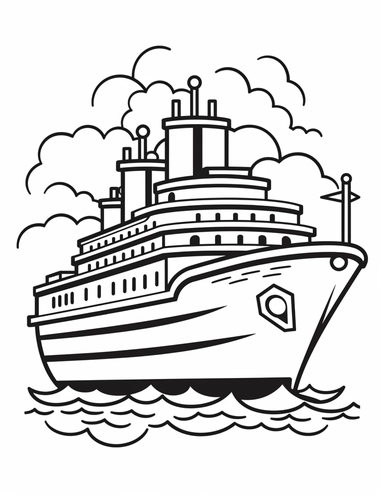 Kawaii cruise ship sailing on the ocean waves For Simple Coloring page,line art, thick lines, black and white,clipart, illustration, on white background,Detailed,Details
