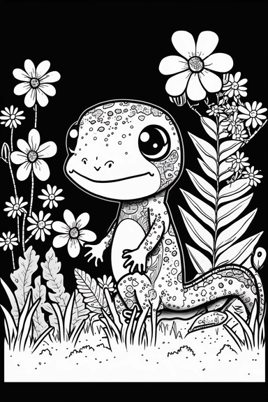 Cute and cute insect lizard, meadow with flowers and green leaves , black outline only, 4k, quality, detailed, clipart, clipart, sticker, cute, countryside landscape, smile, black outline only, cartoon illustration black and white high contrast happy cartoon, cartoon illustration of style, children's book illustration,