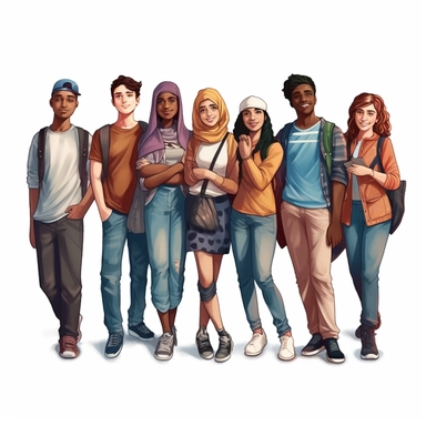 Diverse school group: realistic Illustration of teenage students from different ethnicities and cultures together, representing diverse educational environments. clipart, isolated on white background, 4K