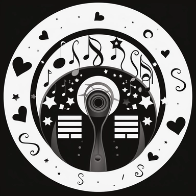 clipart representing 70s music, with a jukebox and hearts in the centre. Beautiful, flat, classic style, black and white, round image border