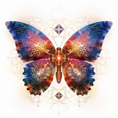clipart of geometric butterfly, matrix code, intricate, vibrant chakra colors, sacred geometrical patterns, on white background