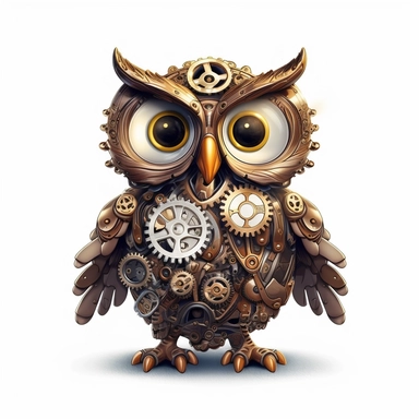 friendly owl with big cute eyes, standing up, in the style of steampunk, clipart, white background, lots of cogs