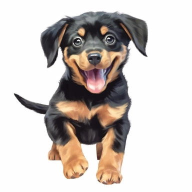 single isolated asset, cute happy Rottweiler puppy dancing, front view, chibi style, watercolor, professional vector clipart, white background