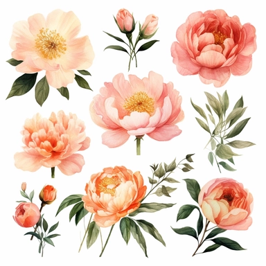 Handpainted romantic set with watercolor peonies, flowers, roses and leaves.15 lovely clipart isolated.Perfect your project,greeting cards,wedding,Birthday cards,bouquets,wreaths,invitations,logos
