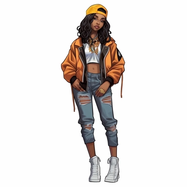 trendy black girl wearing streetwear, cartoon style, clipart