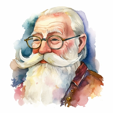 watercolor Doc with his spectacles and white beard from Snow White fairy tale, clipart, white background, by Walt Disney