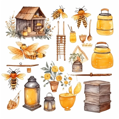 Watercolor boho backyard beekeeping , illustrations clipart set, simple, soft colors, cartoon elements, different variants, beekeeping related items, beehives, beecomb, bees separate elements with a margin