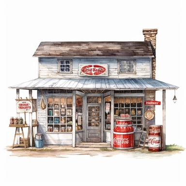 watercolor, hyper realistic, white background, white margins, 16k, ultra detailed clipart, cut out image, hand-drawn An old-fashioned general store with a wooden storefront and vintage signage selling goods like jars of candy and vintage soda bottles.