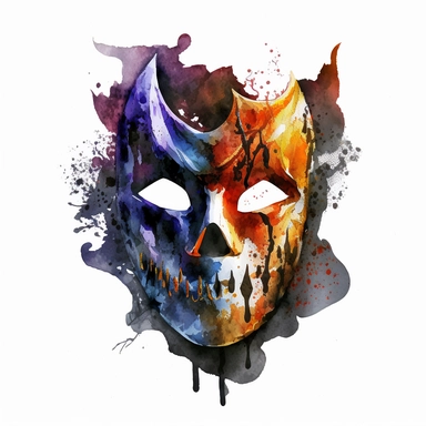 scary halloween mask watercolour tempera clipart illustration, vivid dark colours, clean, crisp, smooth, white background