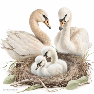 swan babies in their habitat clipart, white background