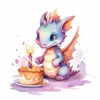 Cute happy Watercolor cake Baby Dragon Clipart, on a white background