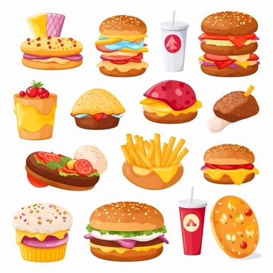fastfood, clipart set, pizza, donut, hot dog, hamburger, cheeseburger, ice cream, popcorn, isolated on white background