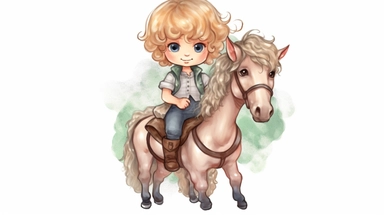 A boy on a horse: 2, legs, shoes, standing, curly hair, blond hair, 5 years old, watercolor clipart, full illustration, 4k, sharp focus, watercolor, smooth soft skin, symmetry, soft lighting, detailed face, Concept art, watercolor style, strybk, kids style fairytale, chibi kawaii,. Octane rendering, 3d, perfect face, detailed face, delicate face, perfect sharp lips, detailed eyes. Craig Davison, Aubrey Beardsley, Conrad Roset, Aikut Aidogdu, Agnes Cecil, watercolor style