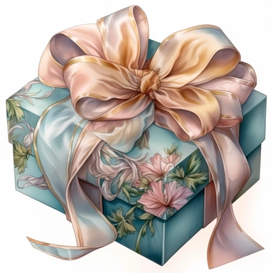 insanely beautiful wrapped gift , in the style of beatrice potter and jody Bergsma, silk bow,32k uhd, hand-painted details, pastoral illustrations, amazing colour combinations with pale pink and teal, aquarellist, hd , white background clipart ,-- no watermark--ar 27:37