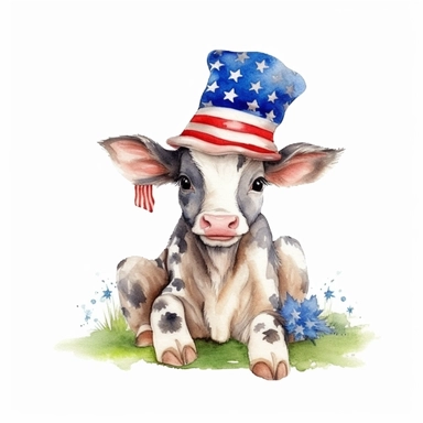 american flag day, water colour clipart, beautiful a calf sitting in grass wearing american hat, background beautiful cow shad, cute, happy, realistic, 8k