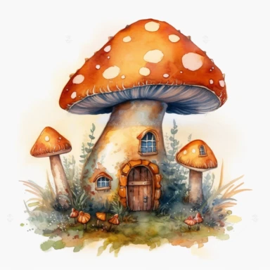 orange pixie mushroom house in forrest, watercolour clipart