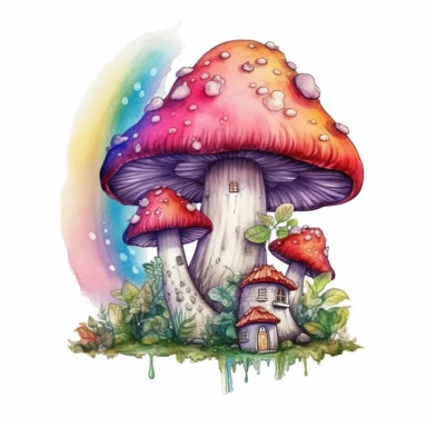 Mushroom house on the cloud with rainbow, on a white background, Illustration clipart, 4K, extremely detailed