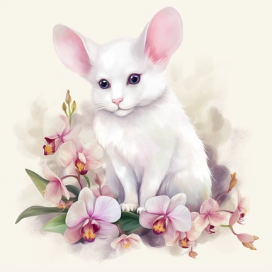 white fluffy cat with orchids, clipart pastel, style is watercolor, soft face, Adorable, Charming , Endearing , fluffy, Furry, Gentle, innocent Playful, Precious, soft, Sweet, Tender, Whimsical, 4k