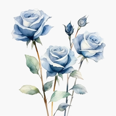 Watercolor dusty blue four roses clipart, four roses bouquet, muted color faded, white background