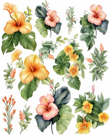 Watercolor flower, all colors of hibiscus floral garden Bouquets PNG Clipart, wedding digital wildflower green leaves herbs Lisima
